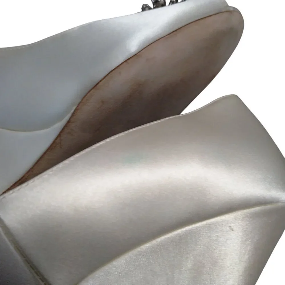 Benjamin Adams Helen Ivory Silk Satin Wedge Open Toe Swarovski Crystal Size 8
